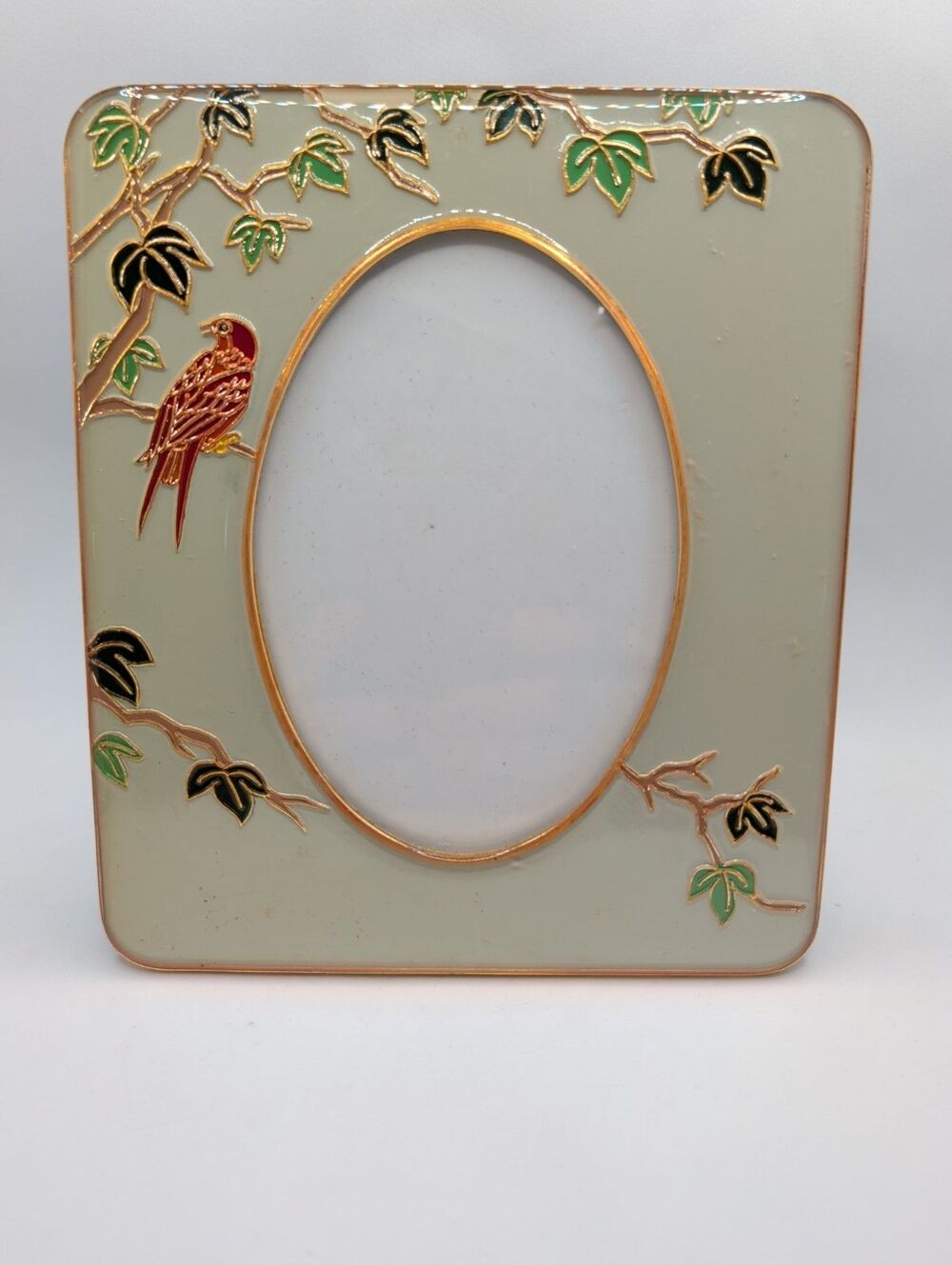 Vtg Hallmark Enamel And Brass Photo Frame Red Bird Tree Leaves Branches